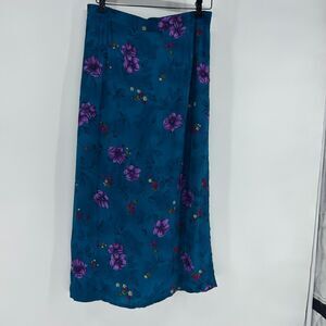Vintage 90s Floral Maxi Skirt Watercolor Teal Whimisgoth Skirt w/ Slits Fairy